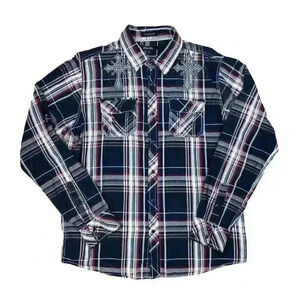 Buckle Black Mens Large Embroidered Cross Classic Fit Pearl Snap Plaid Shirt Y2K